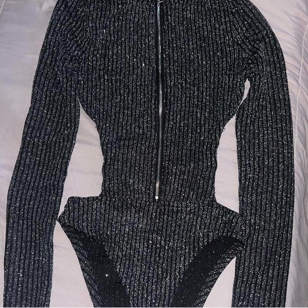 Shimmering Black Lace-Up Women's Bodysuit - Picture 2 of 5